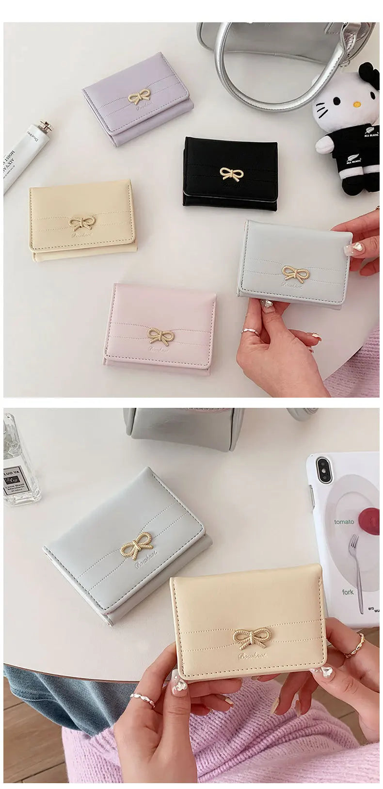 Fashion Wallets Girls Cute Bow Small Wallet Aesthetic Card Holder Classic Three Fold Purse For Women Student Simple Coin Pouch