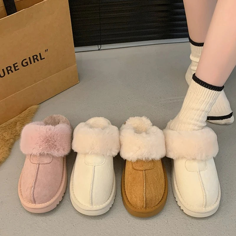 2025 New Furry Brand Designer Winter Fashion Round Toe Warm Women Ankle Boots Comfortable Shallow Slip-on Snow Boots Botas Mujer