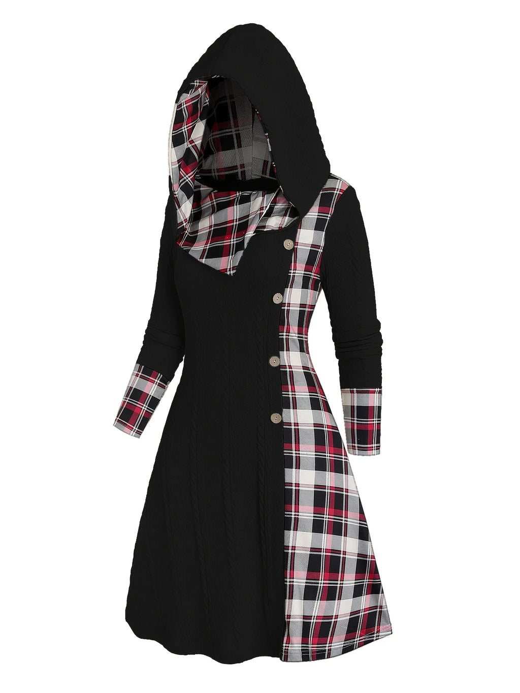 Knitted hooded dress plaid print stitching fake buckle high waist long sleeve A-line dress female
