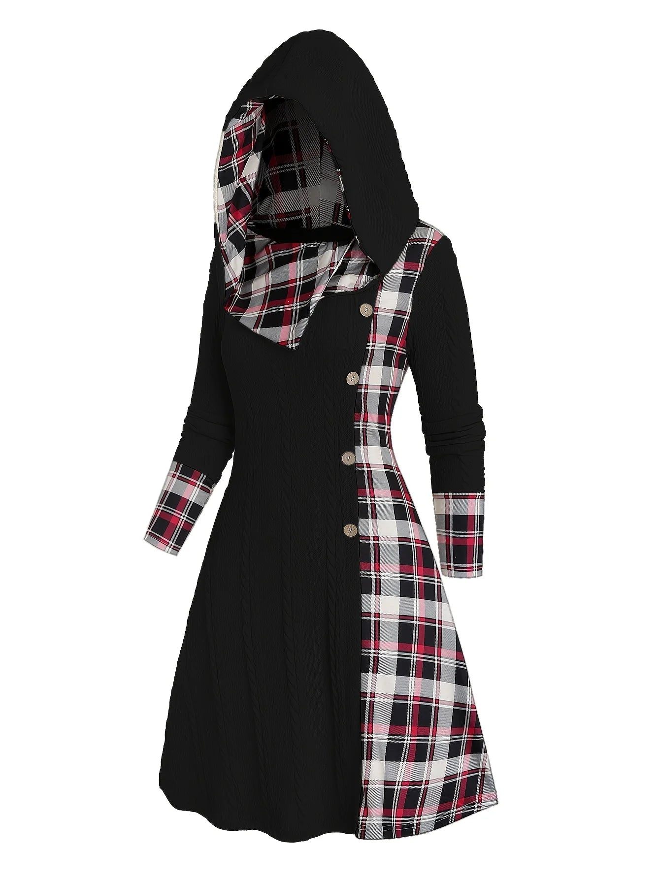 Knitted hooded dress plaid print stitching fake buckle high waist long sleeve A-line dress female