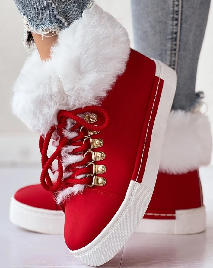 Women's Boots 2025 Christmas New Fashion Lace-Up Fuzzy Detail Lined Ankle Boots Casual Daily Round Toe Flat Boots
