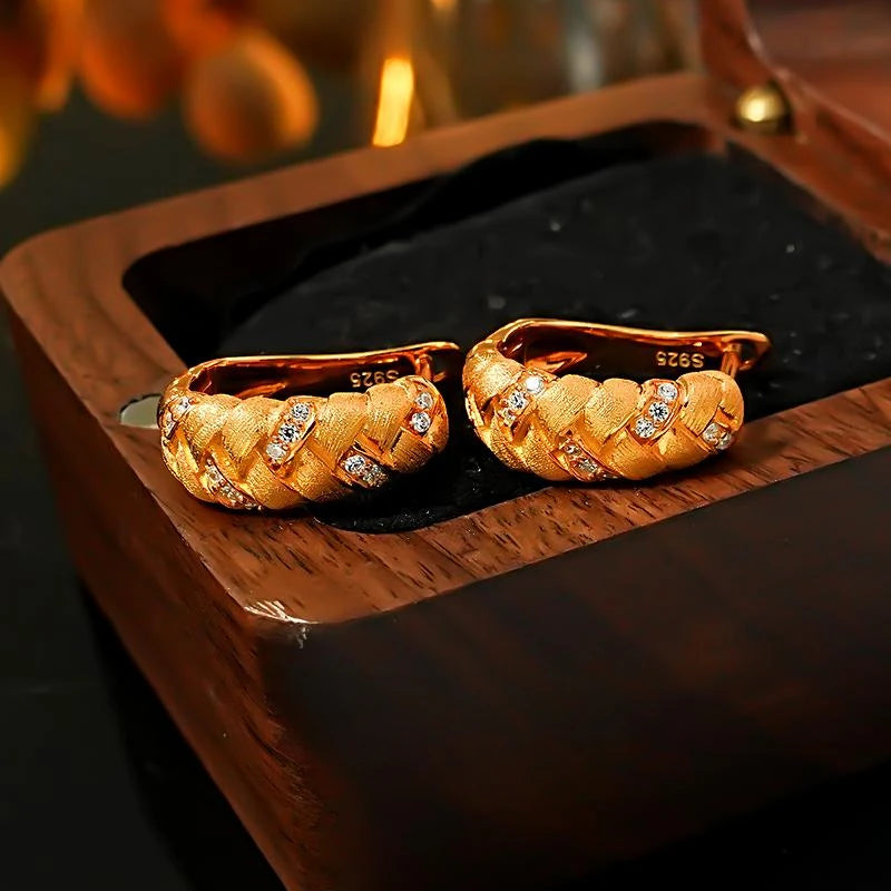 925 silver metal brushed earrings made of vintage wheat ear weaving, niche inlaid with high carbon diamonds, fashionable