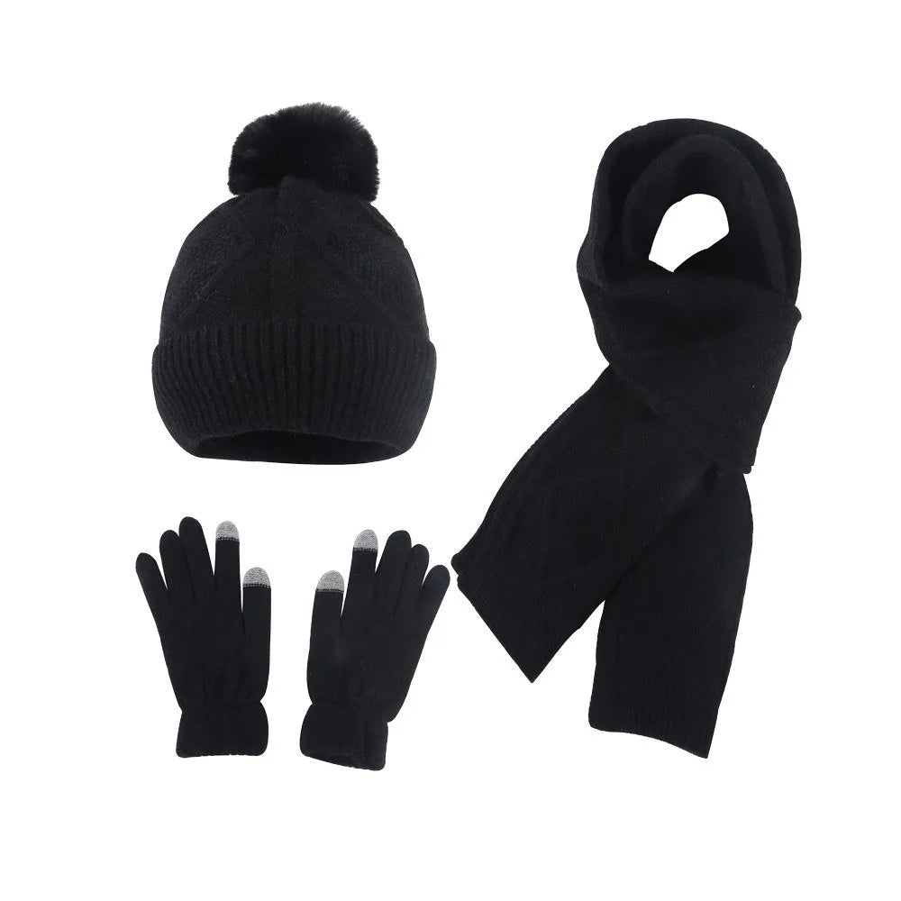 Beanies Cap Elastic Scarf and Hat Set Touch Screen Warm Cold Proof Gloves Ball Rhombus Patterned Knitted Scarf Women