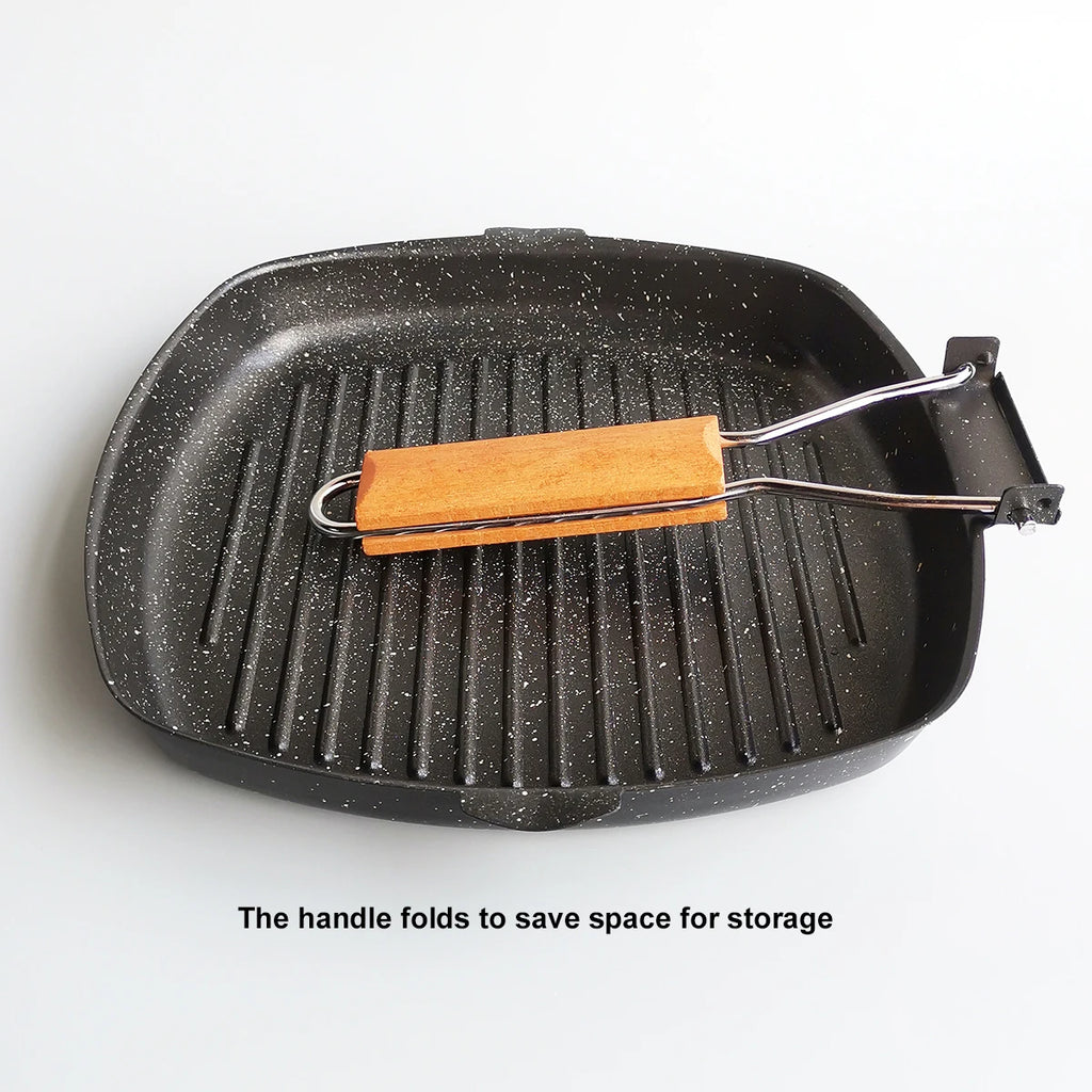 Foldable Portable Frying Pan Picnic Grill Pan Anti-scald Wooden Handle Outdoor Grill Pan Double Mouth Steak Pan