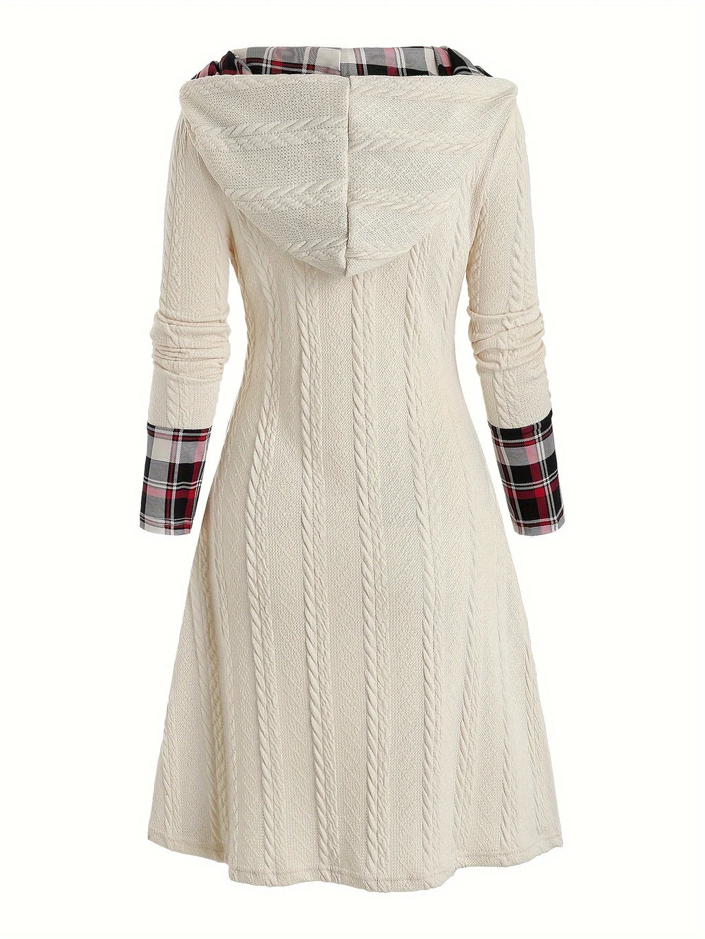 Knitted hooded dress plaid print stitching fake buckle high waist long sleeve A-line dress female
