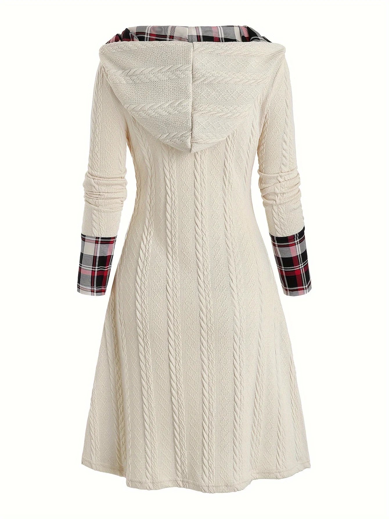 Knitted hooded dress plaid print stitching fake buckle high waist long sleeve A-line dress female