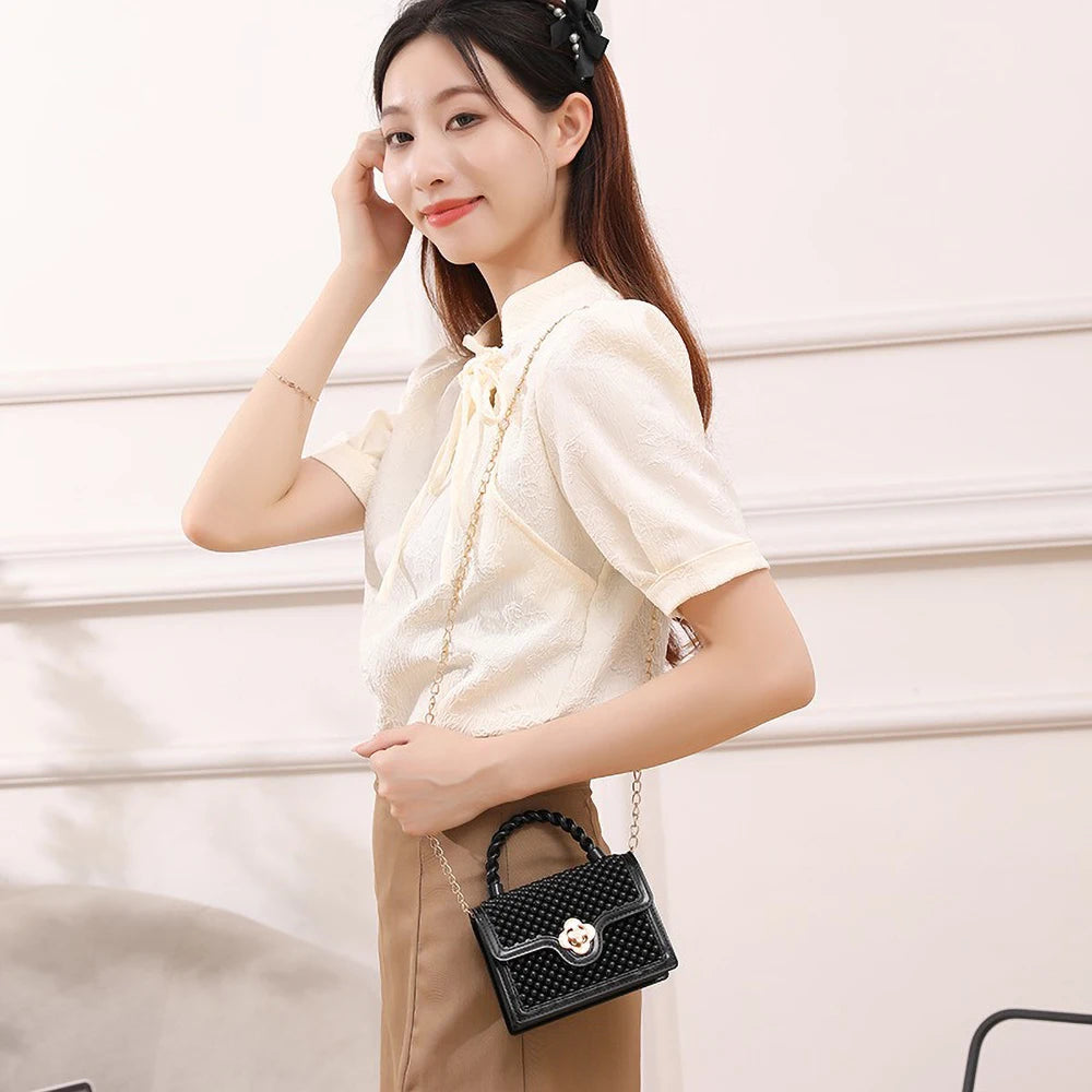 Trendy Red Jelly Shoulder Bag - Mini Fried Dough Twists Pattern Cute Handheld Purse with Metal Chain Strap for Women