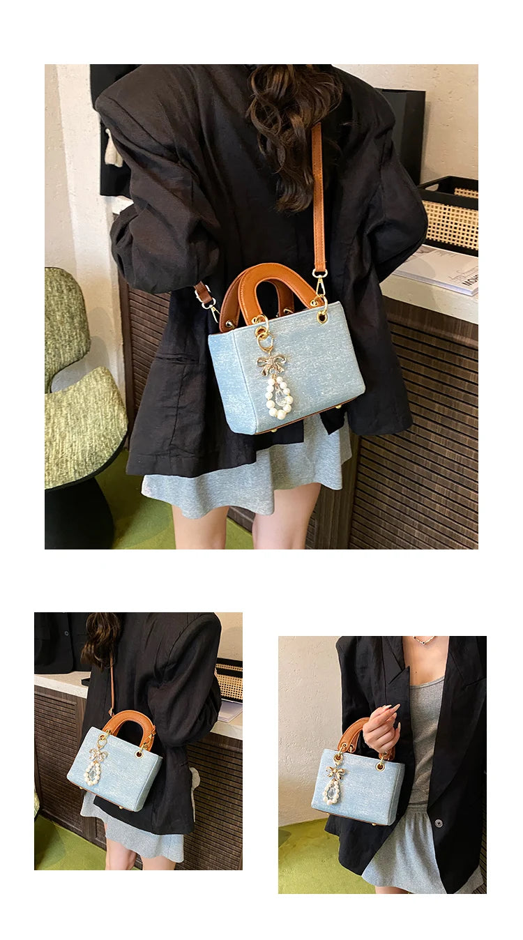 Women's Diamond Denim Clotch Handbag Korean Chic Retro Mini Single Shoulder Crossbody Bags Elegant Luxury Party Square Clutch