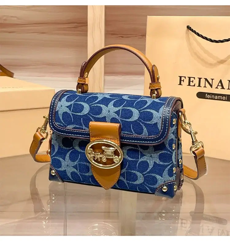 Ladies' handbag, light luxury retro denim canvas box bag, 2025 new high-end style, contrasting color single shoulder small squa