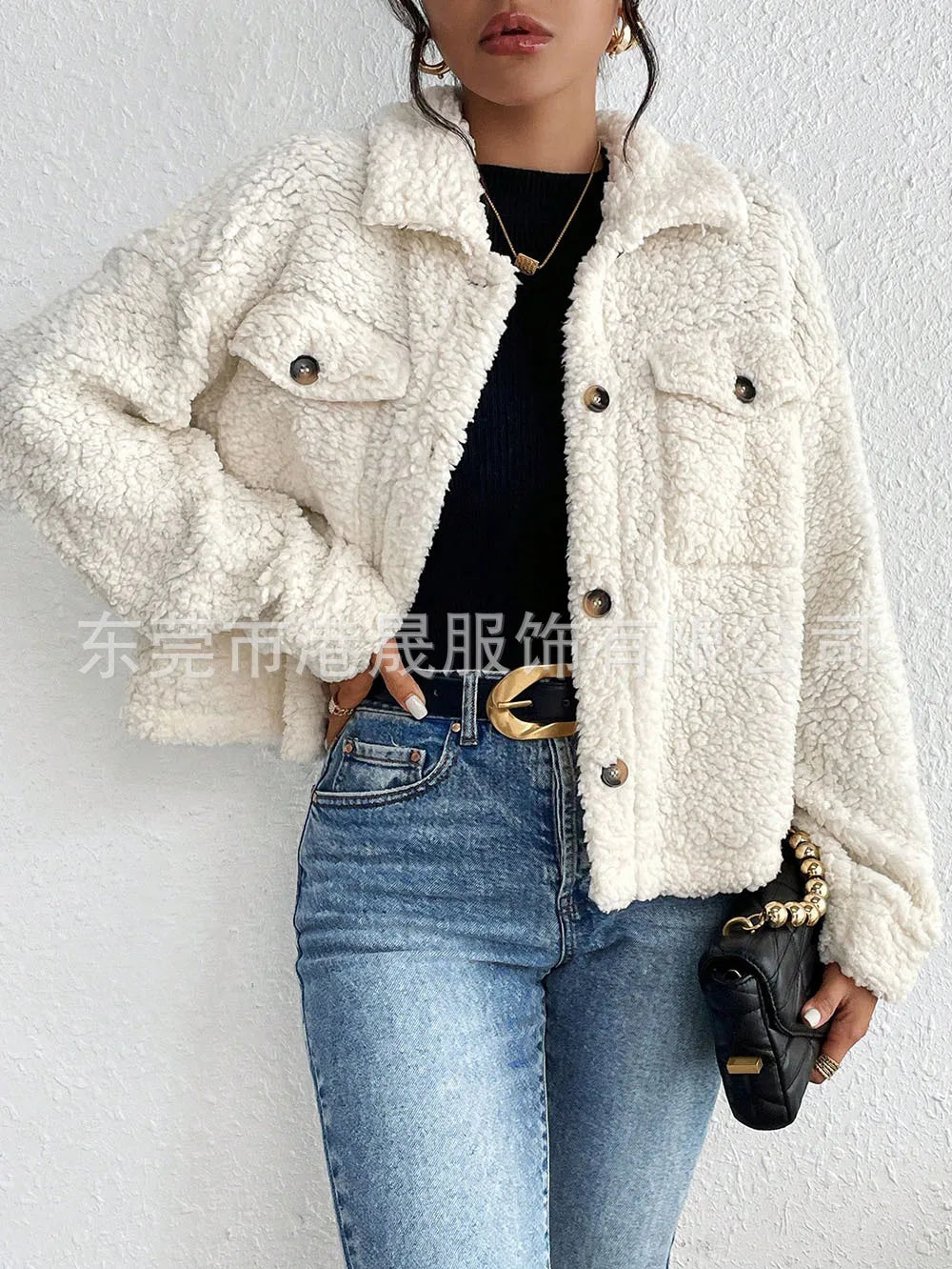 Casual Women's Coats Autumn And Winter Lapel Plush Jacket Short Women Jacket New Fashion White Pockets Tops Coat Streetwear