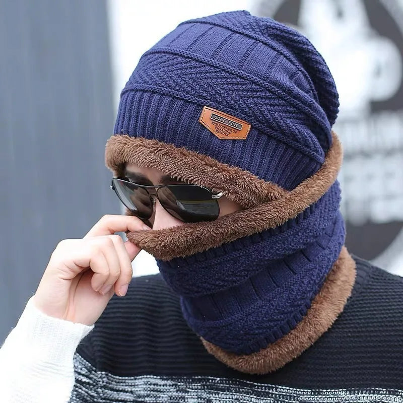 Winter Hats Knit Cap Men Women Velvet Hat Coral Fleece Scarf Outdoor Riding Hat Warm Thickening Plus Neck Mask Protect Cap