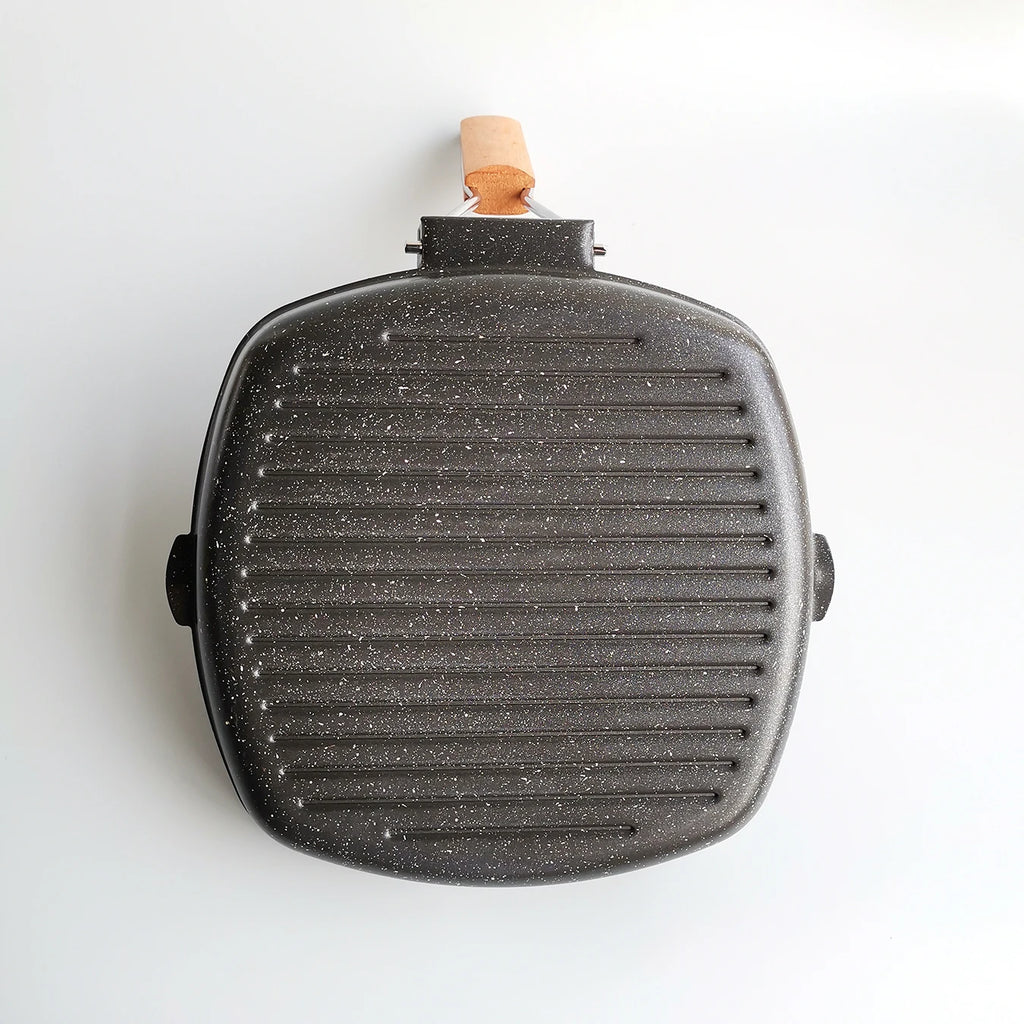 Foldable Portable Frying Pan Picnic Grill Pan Anti-scald Wooden Handle Outdoor Grill Pan Double Mouth Steak Pan