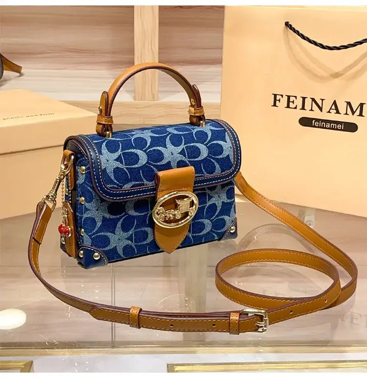 Ladies' handbag, light luxury retro denim canvas box bag, 2025 new high-end style, contrasting color single shoulder small squa