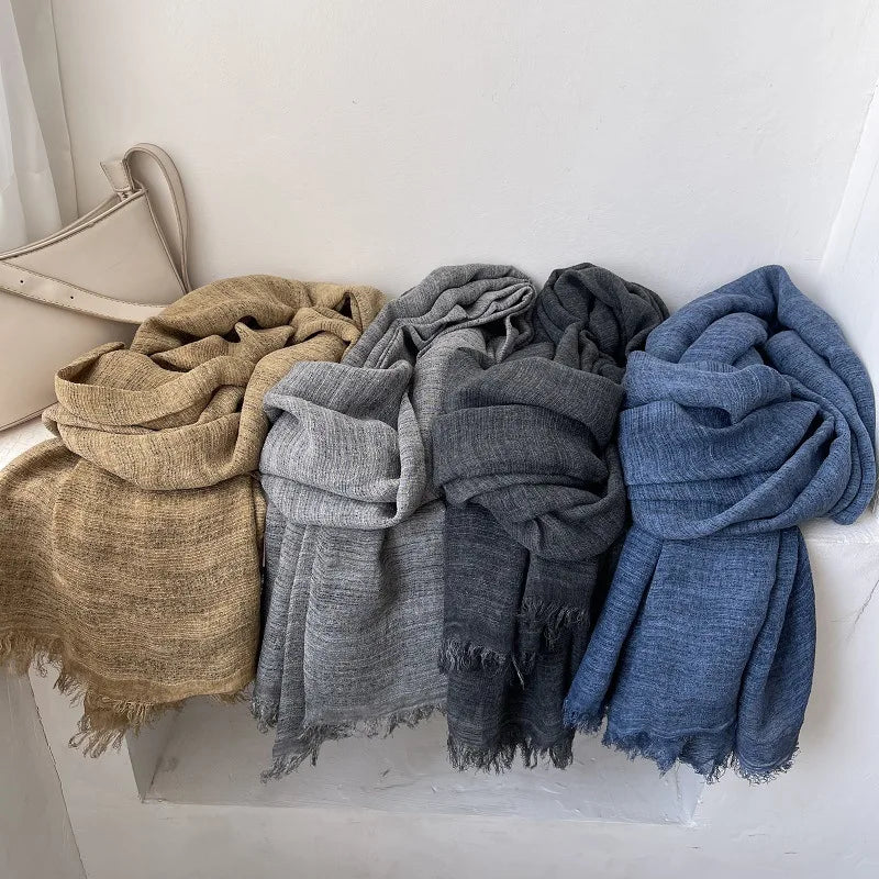 Scarf Women's Autumn Literary and Artistic Fresh and Versatile Contrasting Color Striped Texture Same Cotton Linen Thin Shawl