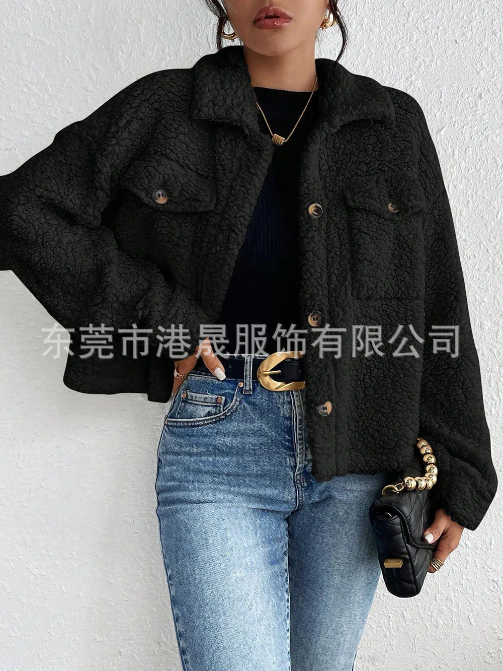 Casual Women's Coats Autumn And Winter Lapel Plush Jacket Short Women Jacket New Fashion White Pockets Tops Coat Streetwear
