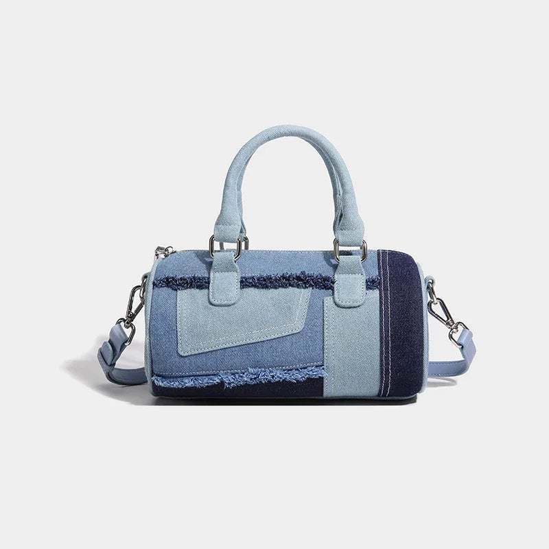 Cylindrical Boston Messenger Bags for Women Luxury Designer Handbag Purses 2024 New in Fashion Denim Splicing Shoulder Crossbody
