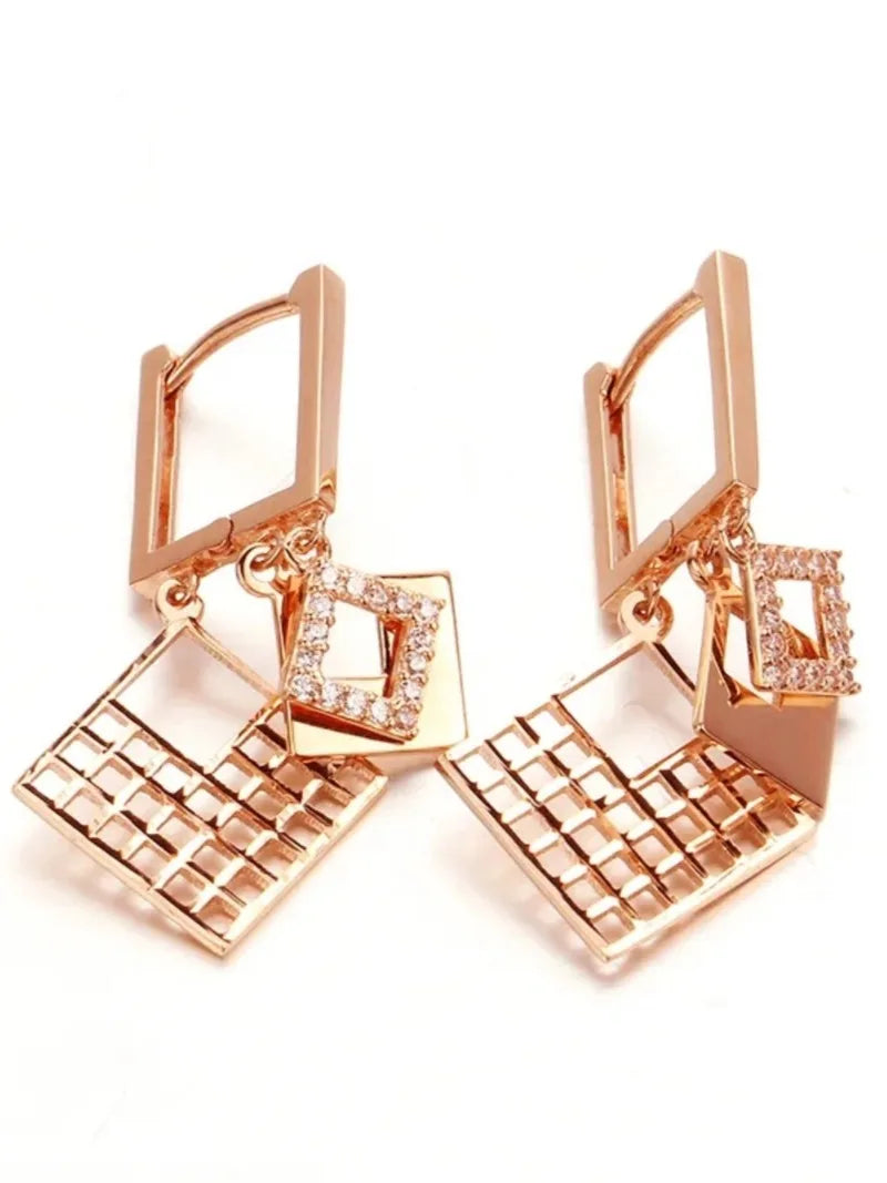585 Purple Gold elegant luxurious square earrings for women plated 14K rose gold dazzling earings buckle wedding Jewelry