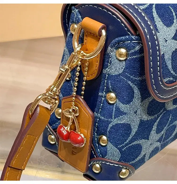 Ladies' handbag, light luxury retro denim canvas box bag, 2025 new high-end style, contrasting color single shoulder small squa