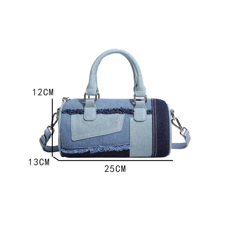 Cylindrical Boston Messenger Bags for Women Luxury Designer Handbag Purses 2024 New in Fashion Denim Splicing Shoulder Crossbody