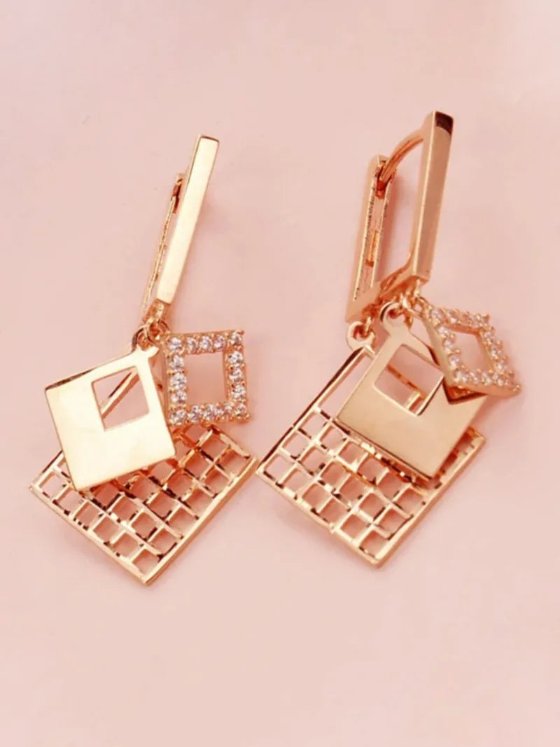 585 Purple Gold elegant luxurious square earrings for women plated 14K rose gold dazzling earings buckle wedding Jewelry