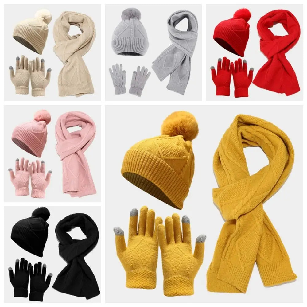 Beanies Cap Elastic Scarf and Hat Set Touch Screen Warm Cold Proof Gloves Ball Rhombus Patterned Knitted Scarf Women