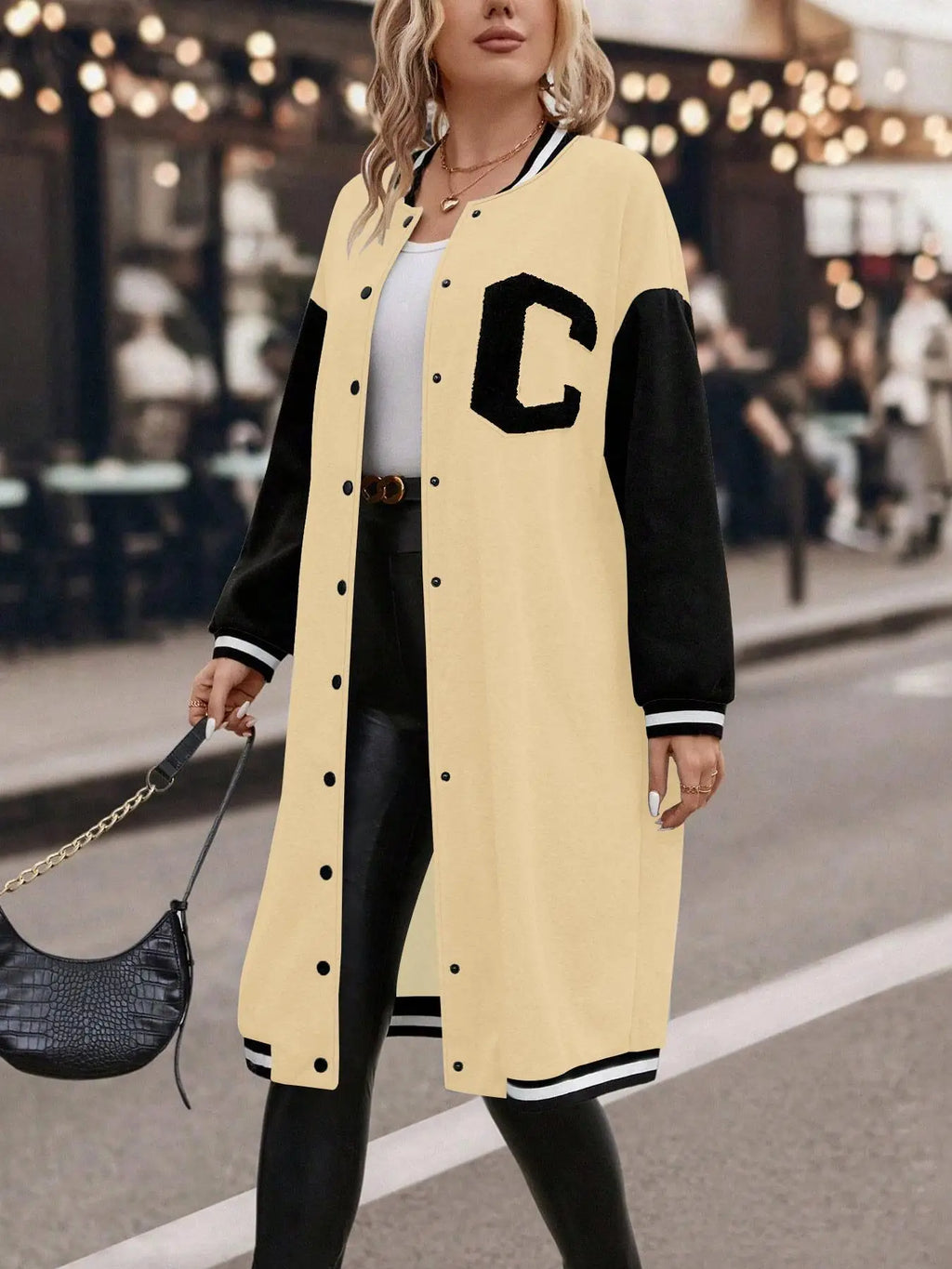 Plus Colorblock Letter Print Button Front Drop Shoulder Midi Varsity Jacket, Casual Contrast Binding Long Sleeve Baseball Collar