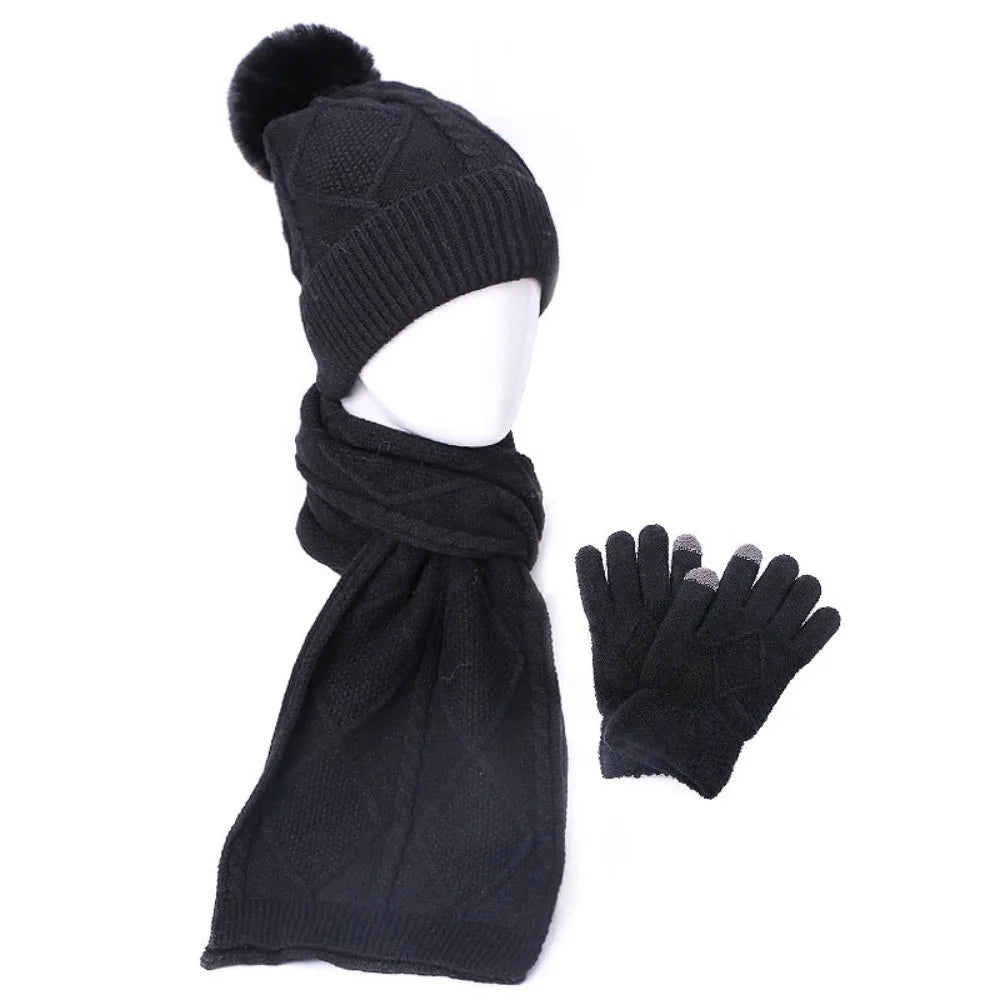 Beanies Cap Elastic Scarf and Hat Set Touch Screen Warm Cold Proof Gloves Ball Rhombus Patterned Knitted Scarf Women