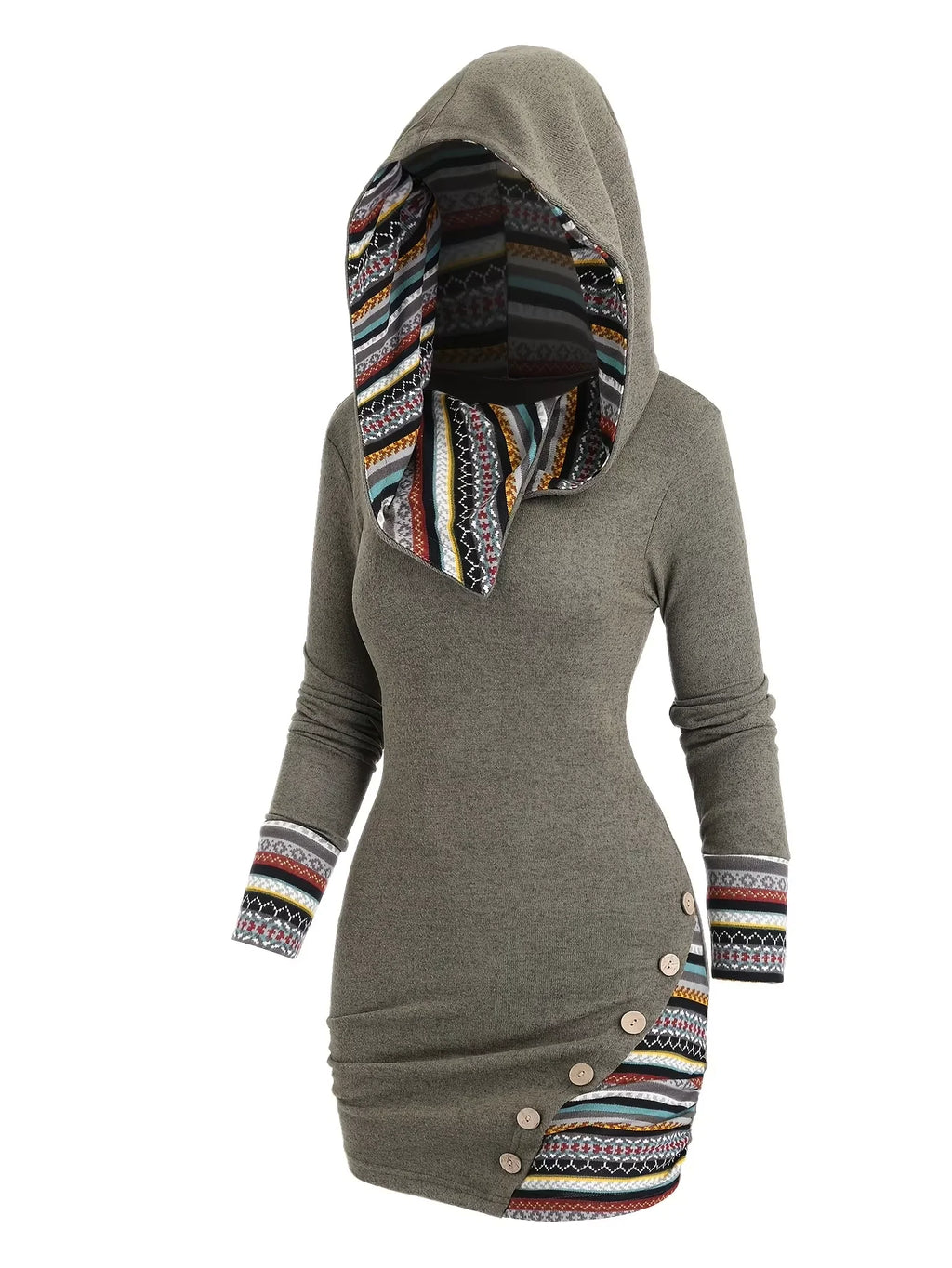 European and American explosions fashion women's ethnic style geometric stripe stitching hooded knitted long-sleeved tight dress