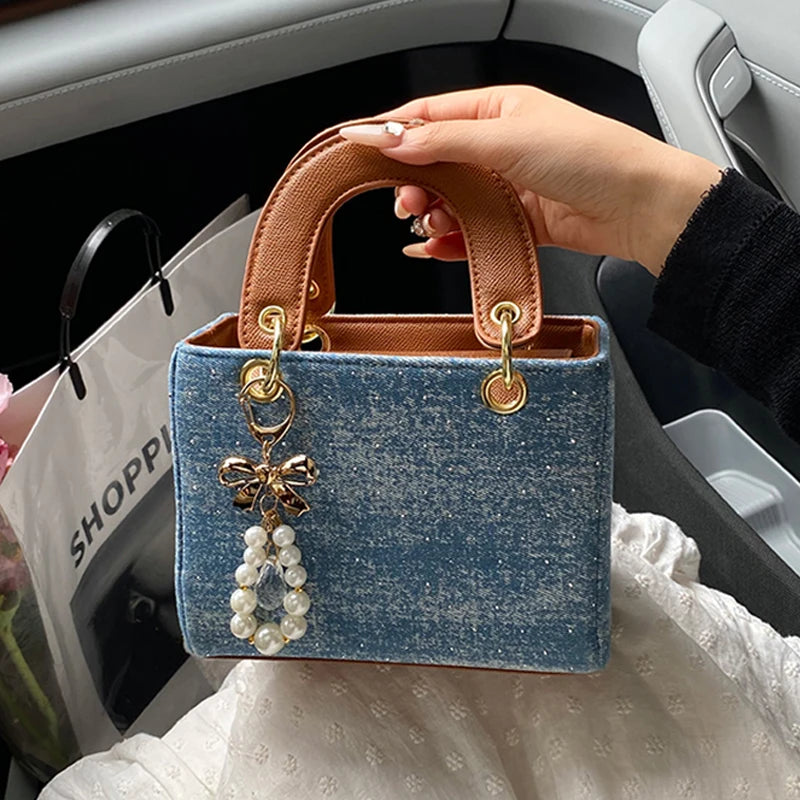 Women's Diamond Denim Clotch Handbag Korean Chic Retro Mini Single Shoulder Crossbody Bags Elegant Luxury Party Square Clutch