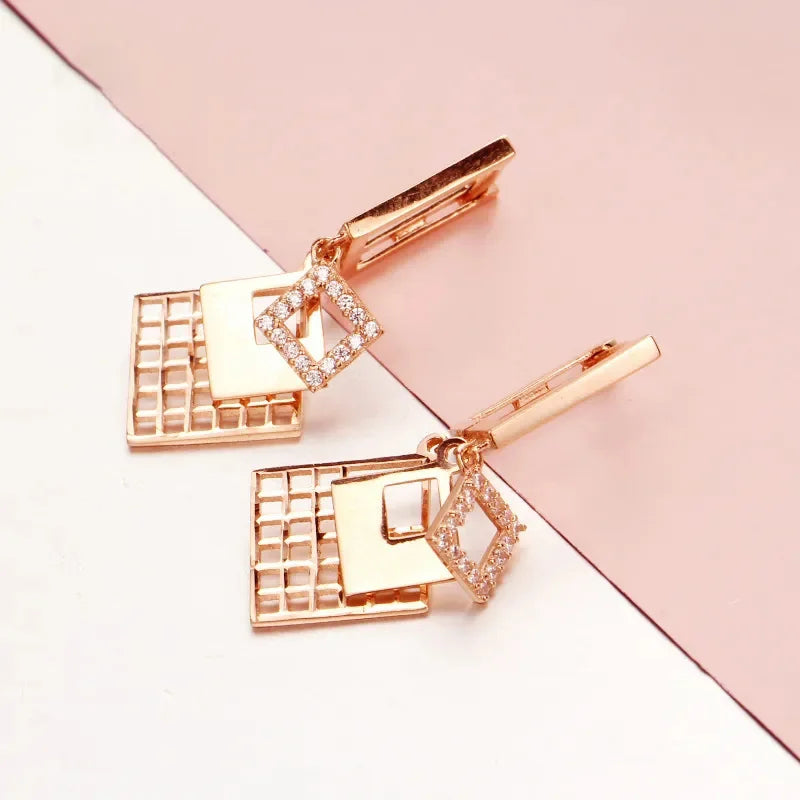585 Purple Gold elegant luxurious square earrings for women plated 14K rose gold dazzling earings buckle wedding Jewelry