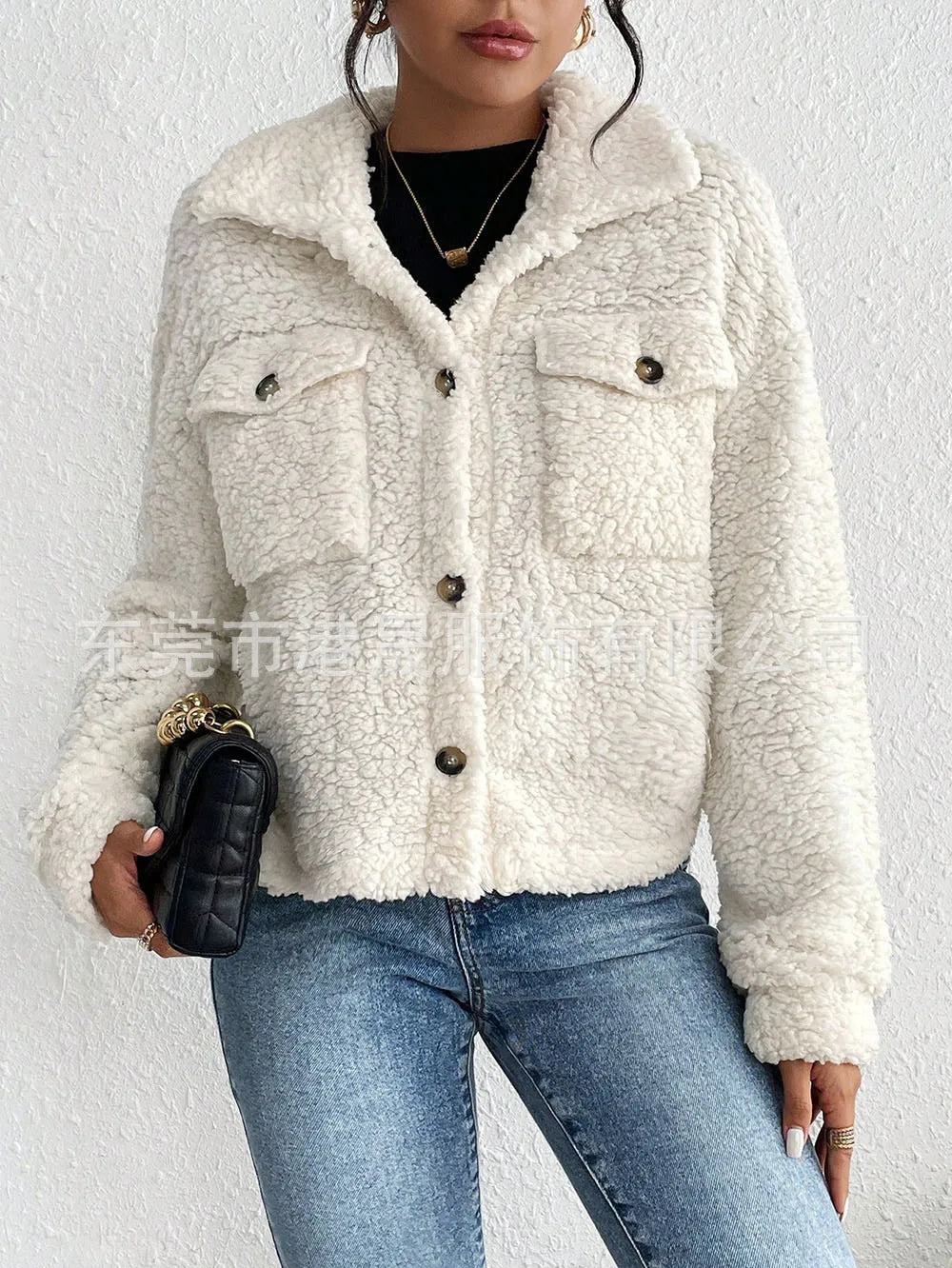 Casual Women's Coats Autumn And Winter Lapel Plush Jacket Short Women Jacket New Fashion White Pockets Tops Coat Streetwear