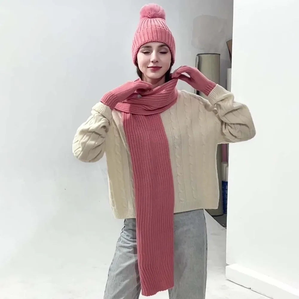 Beanies Cap Elastic Scarf and Hat Set Warmer Mittens Soft Cold Proof Gloves Acrylic Fibers Plush Ball Woolen Hat Daily