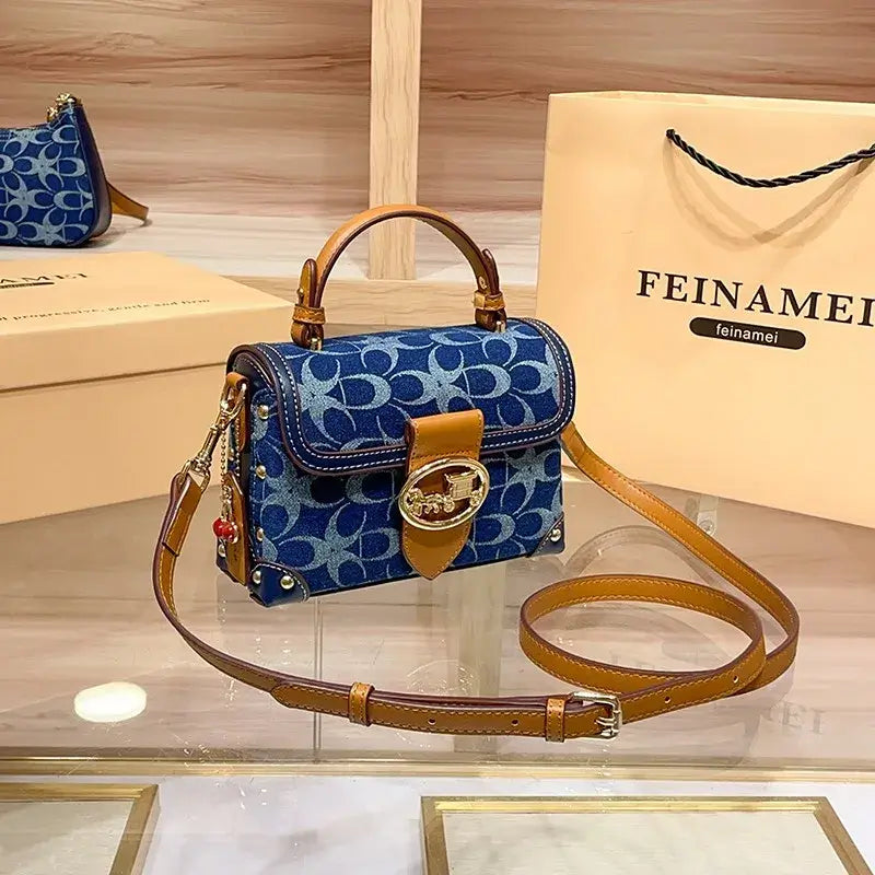 Ladies' handbag, light luxury retro denim canvas box bag, 2025 new high-end style, contrasting color single shoulder small squa