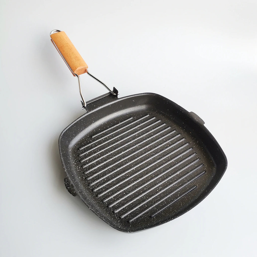 Foldable Portable Frying Pan Picnic Grill Pan Anti-scald Wooden Handle Outdoor Grill Pan Double Mouth Steak Pan