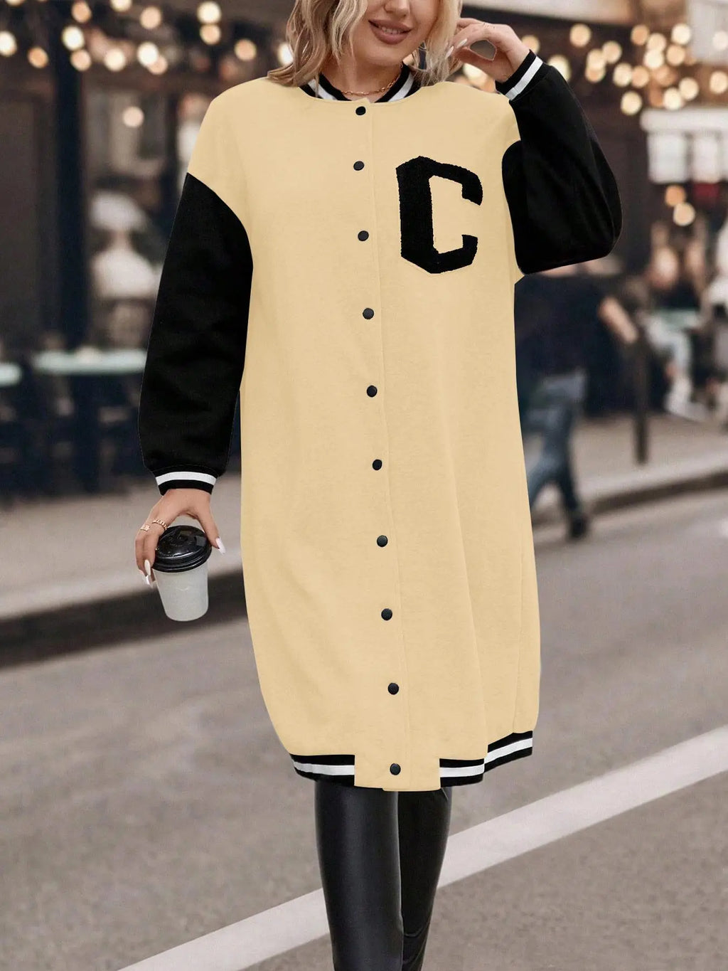 Plus Colorblock Letter Print Button Front Drop Shoulder Midi Varsity Jacket, Casual Contrast Binding Long Sleeve Baseball Collar