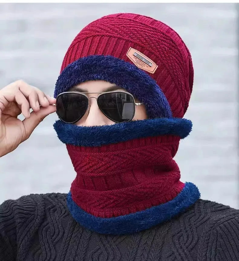 Winter Hats Knit Cap Men Women Velvet Hat Coral Fleece Scarf Outdoor Riding Hat Warm Thickening Plus Neck Mask Protect Cap