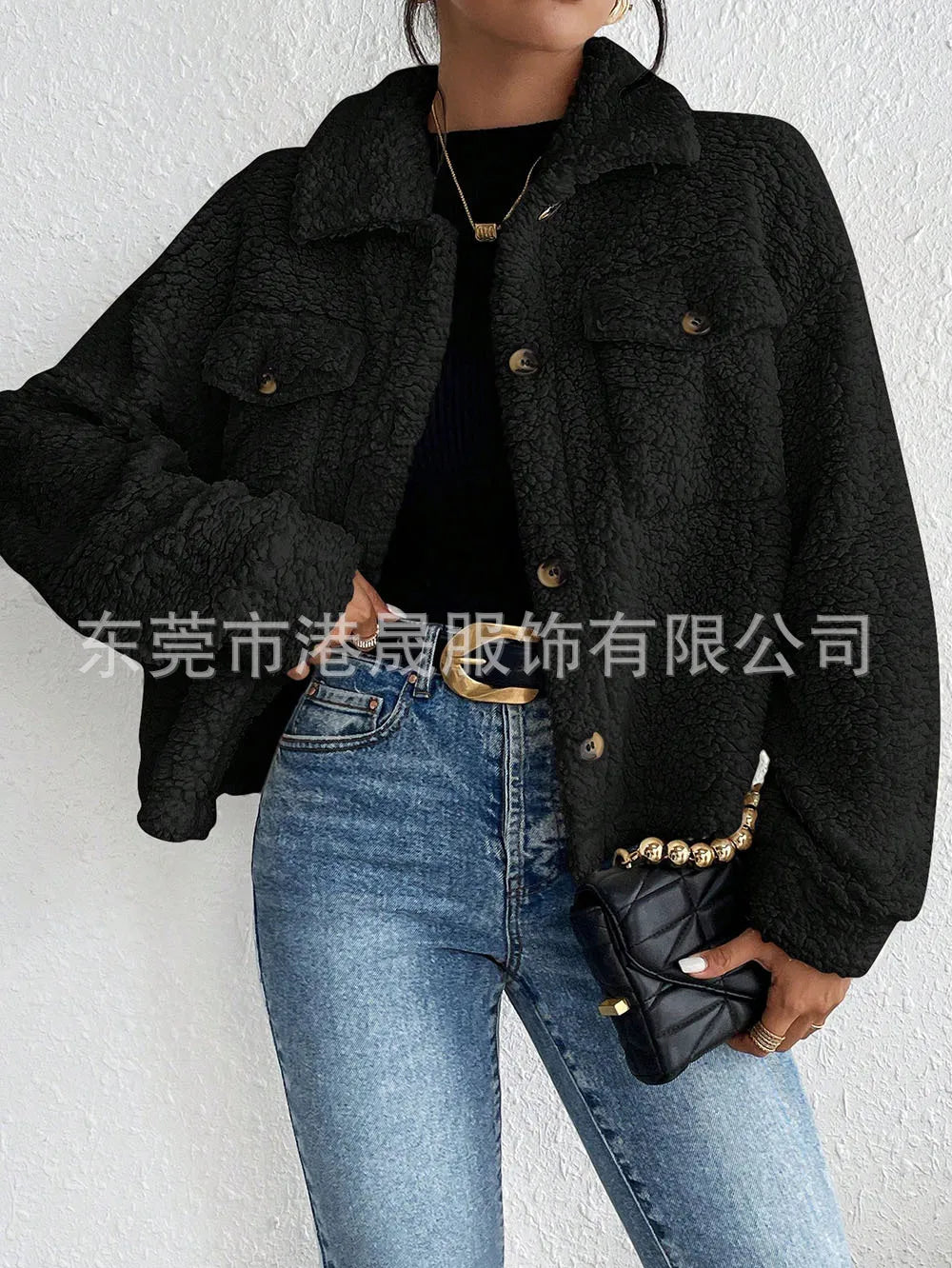 Casual Women's Coats Autumn And Winter Lapel Plush Jacket Short Women Jacket New Fashion White Pockets Tops Coat Streetwear