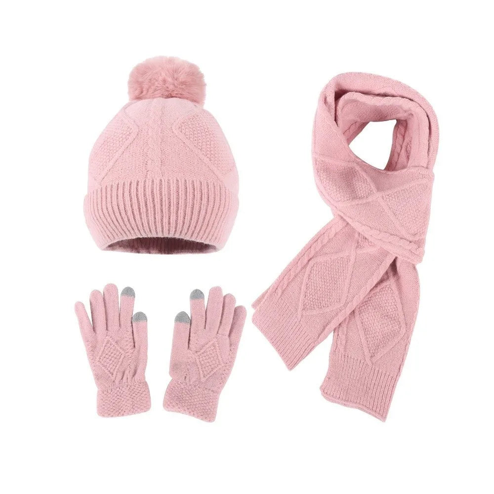 Beanies Cap Elastic Scarf and Hat Set Touch Screen Warm Cold Proof Gloves Ball Rhombus Patterned Knitted Scarf Women