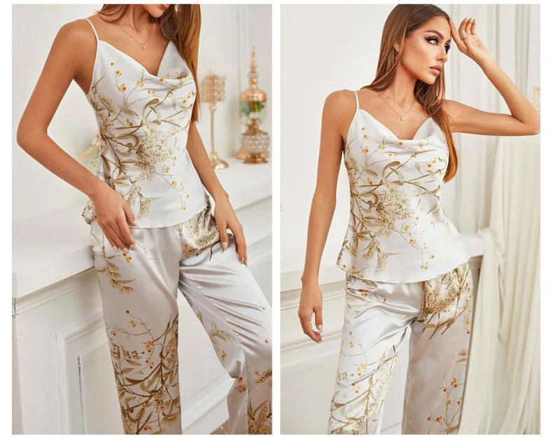 Women Pajamas Sexy Print Cherry Suspender Pijamas Suit Sleepwear Spring Summer Silk Rayon Home Clothes Sling Pants Two Piece Set