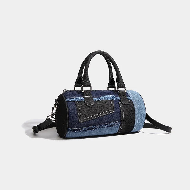 Cylindrical Boston Messenger Bags for Women Luxury Designer Handbag Purses 2024 New in Fashion Denim Splicing Shoulder Crossbody