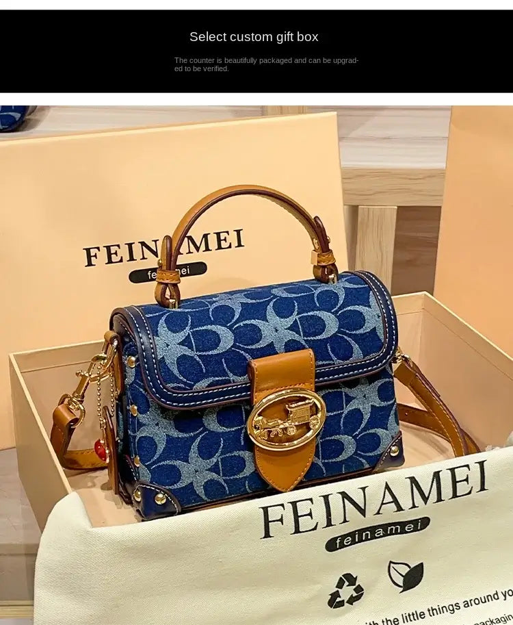 Ladies' handbag, light luxury retro denim canvas box bag, 2025 new high-end style, contrasting color single shoulder small squa