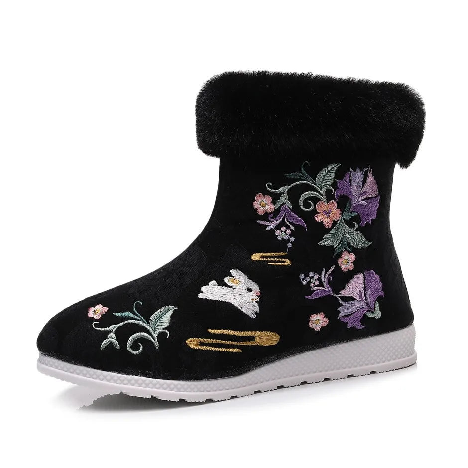 Fashion Winter Boots Women's Shoes Ethnic Style Embroidered Short Boots Women Warm Snow Shoes Female Antiquity Dance Flat Boot