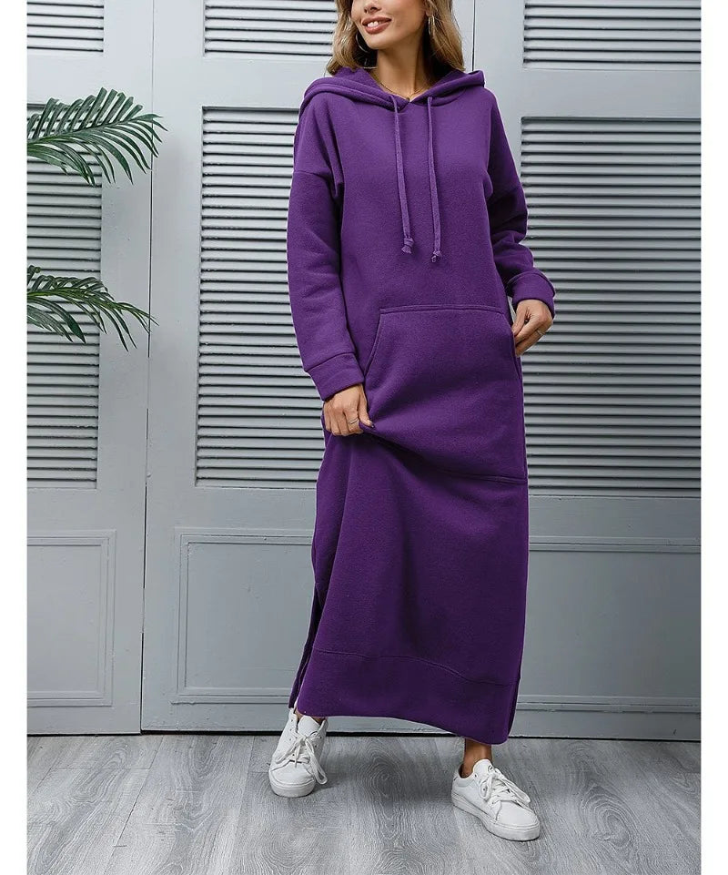 Hoodies Dress for Women Fashion  2024 Hem Lace-up Midi Robe Hooded Long Vestidos Winter Warm Casual Loose Sweatshirt Dress
