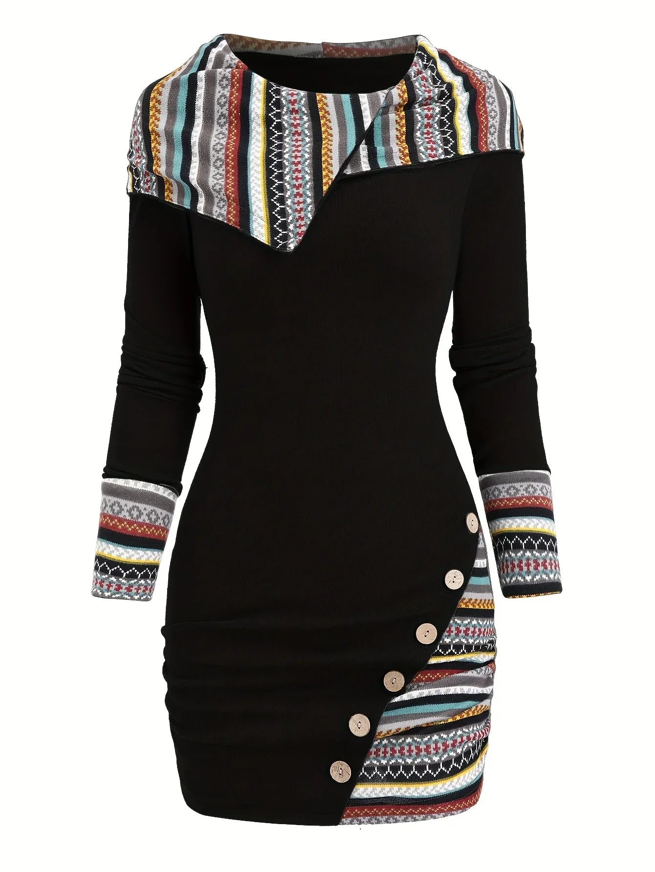 European and American explosions fashion women's ethnic style geometric stripe stitching hooded knitted long-sleeved tight dress