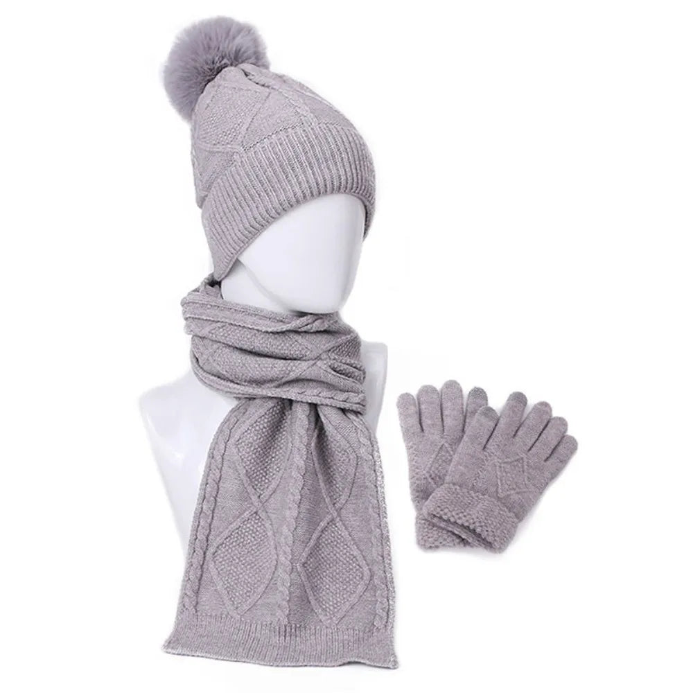 Beanies Cap Elastic Scarf and Hat Set Touch Screen Warm Cold Proof Gloves Ball Rhombus Patterned Knitted Scarf Women