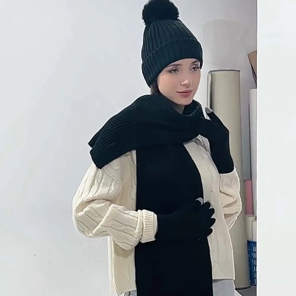 Beanies Cap Elastic Scarf and Hat Set Warmer Mittens Soft Cold Proof Gloves Acrylic Fibers Plush Ball Woolen Hat Daily