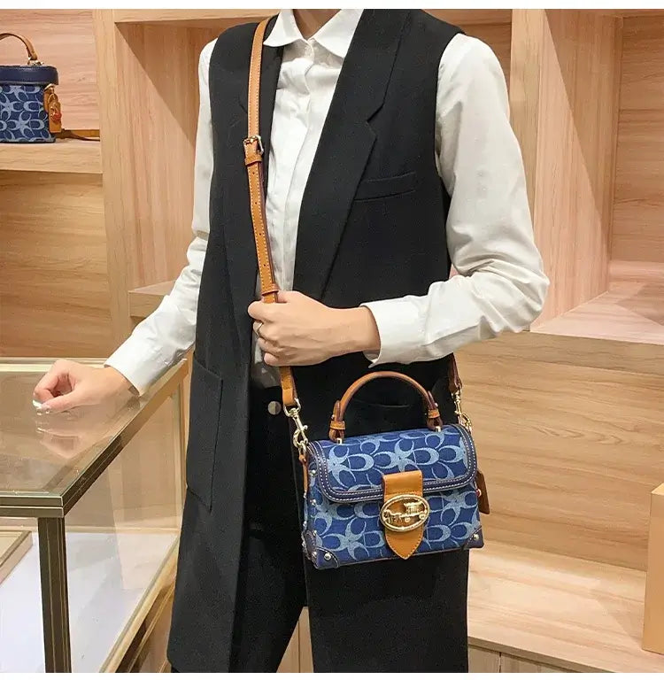 Ladies' handbag, light luxury retro denim canvas box bag, 2025 new high-end style, contrasting color single shoulder small squa