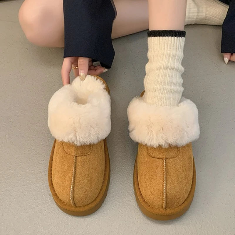 2025 New Furry Brand Designer Winter Fashion Round Toe Warm Women Ankle Boots Comfortable Shallow Slip-on Snow Boots Botas Mujer
