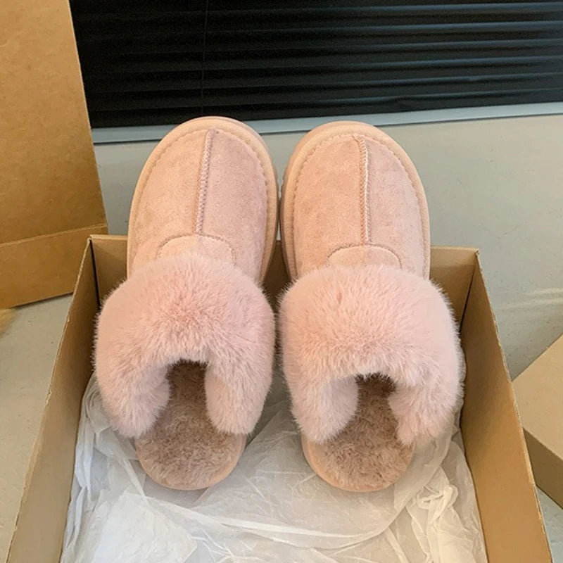2025 New Furry Brand Designer Winter Fashion Round Toe Warm Women Ankle Boots Comfortable Shallow Slip-on Snow Boots Botas Mujer