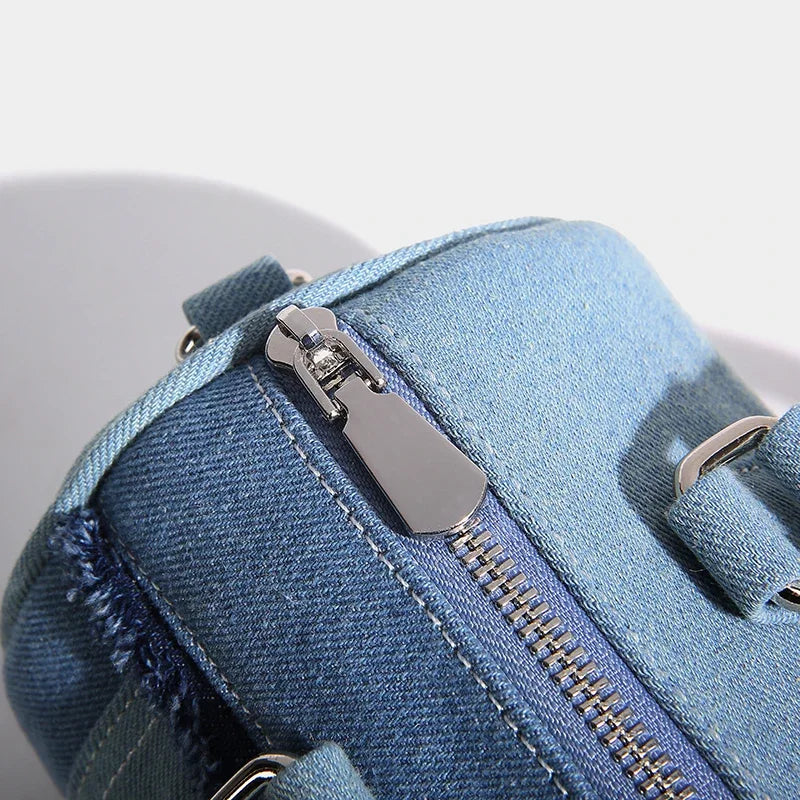 Cylindrical Boston Messenger Bags for Women Luxury Designer Handbag Purses 2024 New in Fashion Denim Splicing Shoulder Crossbody